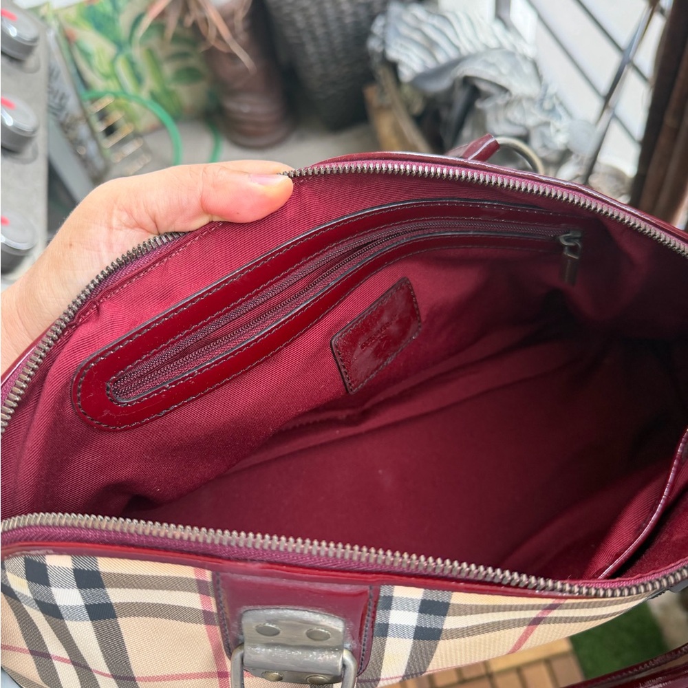 Burberry Beige Check Satchel with Burgundy Patent Trim - Picture 5 of 7